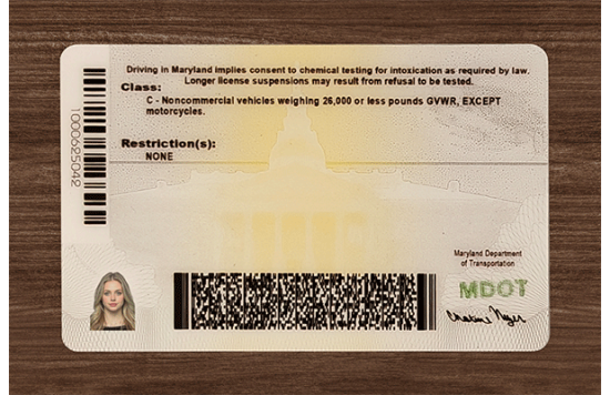 Maryland Fake id front side